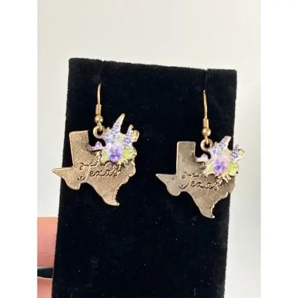 Texas State Shape Necklace and Earrings Matching Set w Blue Bonnets Gold Tone - Picture 3 of 9